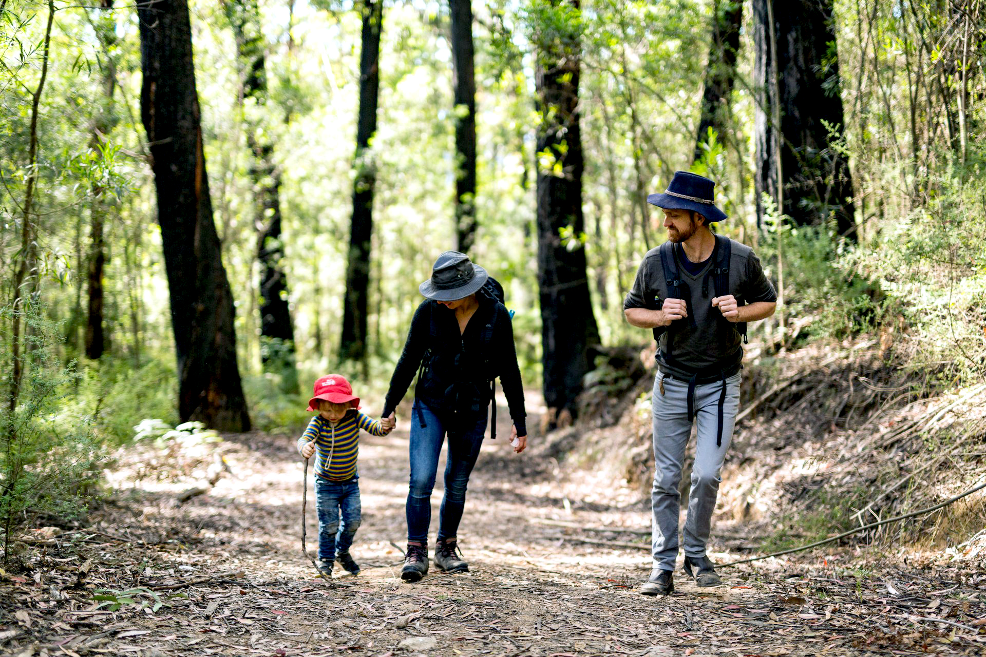 Family in hats on bush walking track